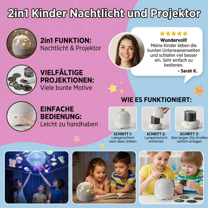 2-in-1 Kinder Nachtlicht mit Sternenhimmel Projektor – LED Einschlaflicht mit wechselbaren Projektionen