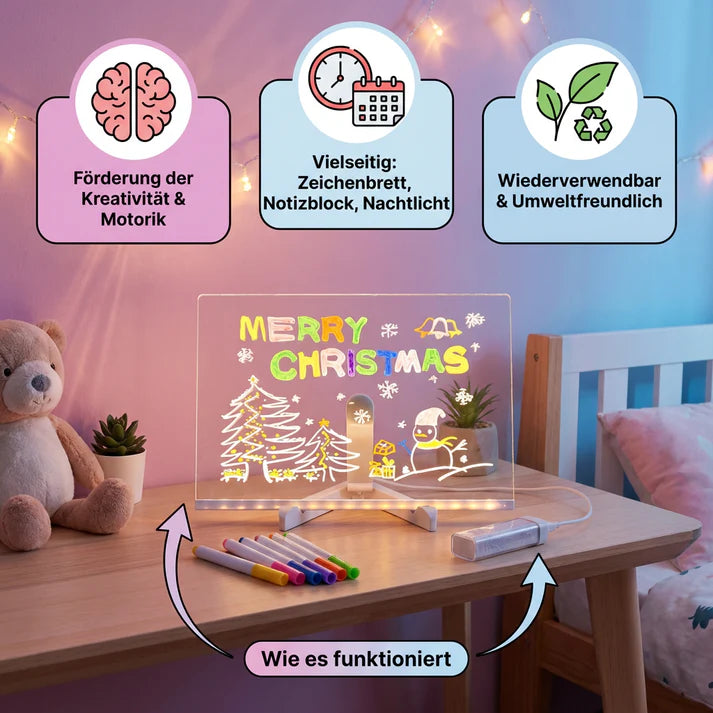 LED Zeichenbrett für Kinder – wiederverwendbares Schreib- & Malbrett mit Beleuchtung und Stiften