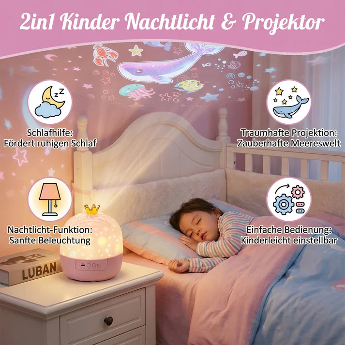 2-in-1 Kinder Nachtlicht mit Sternenhimmel Projektor – LED Einschlaflicht mit wechselbaren Projektionen