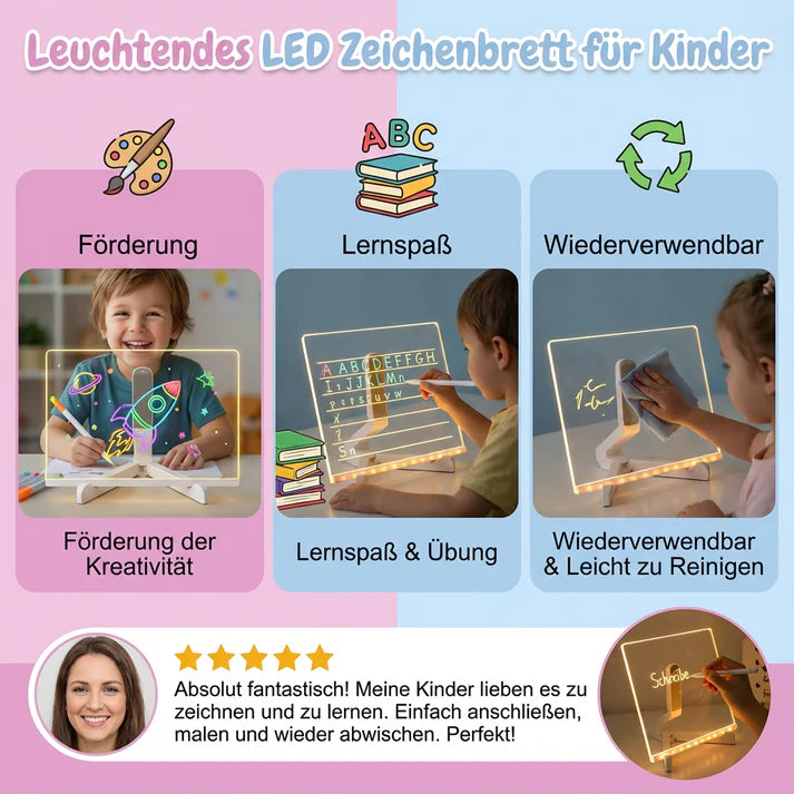 LED Zeichenbrett für Kinder – wiederverwendbares Schreib- & Malbrett mit Beleuchtung und Stiften