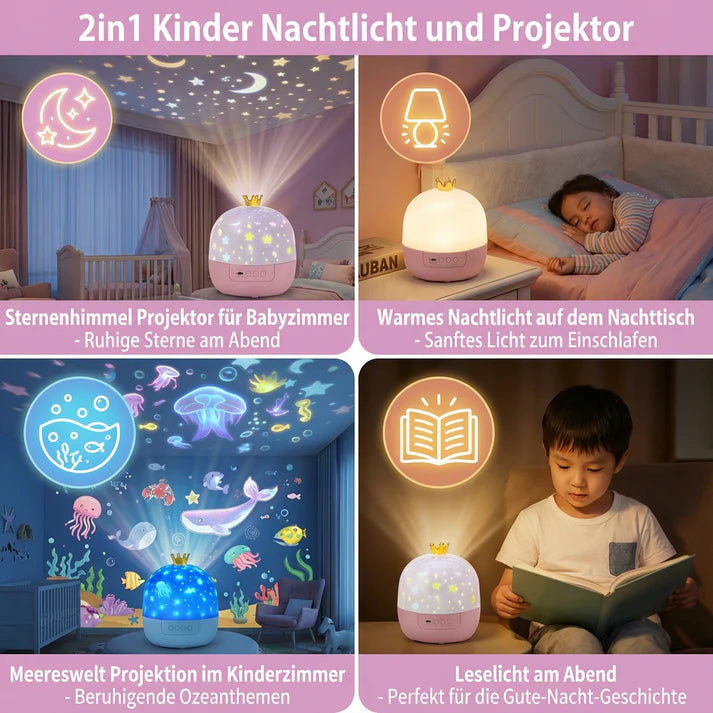 2-in-1 Kinder Nachtlicht mit Sternenhimmel Projektor – LED Einschlaflicht mit wechselbaren Projektionen