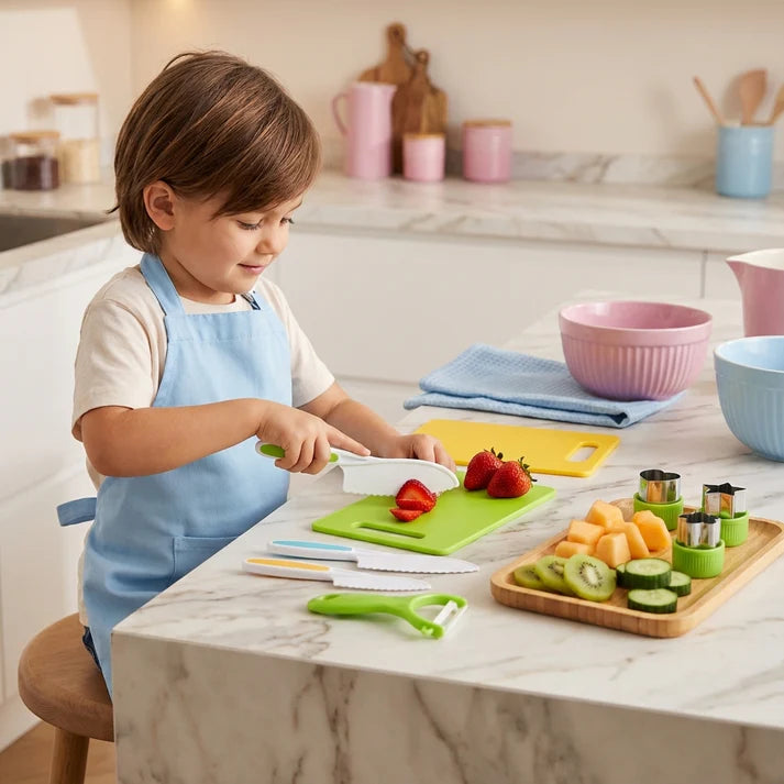 Kinder Küchen Set mit Schneidebrett & Spielmessern – Kochspielzeug zum Lernen und Entdecken