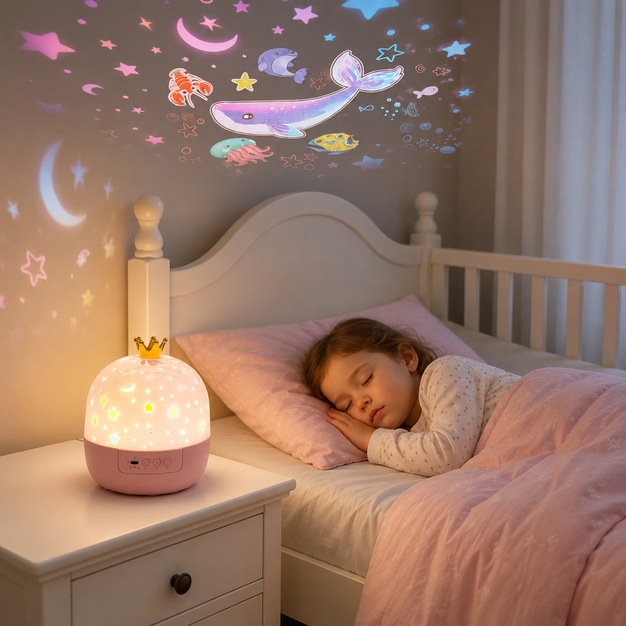 2-in-1 Kinder Nachtlicht mit Sternenhimmel Projektor – LED Einschlaflicht mit wechselbaren Projektionen